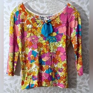 Vintage 90s Joseph A Sweater Women’s S 60s Retro Colorful Flowers Bow Sweater